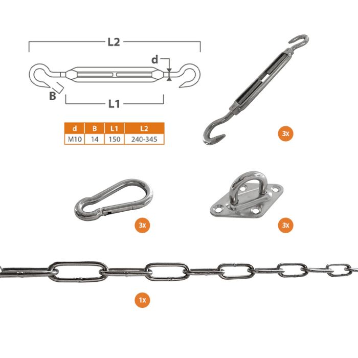 Schaduwdoek bevestigingsset driehoek RVS met M10 Spanner main product photo